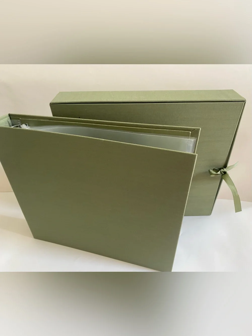 Olive Green Cloth Covered Scrapbook Album and Box, New 8”x8” Pages
